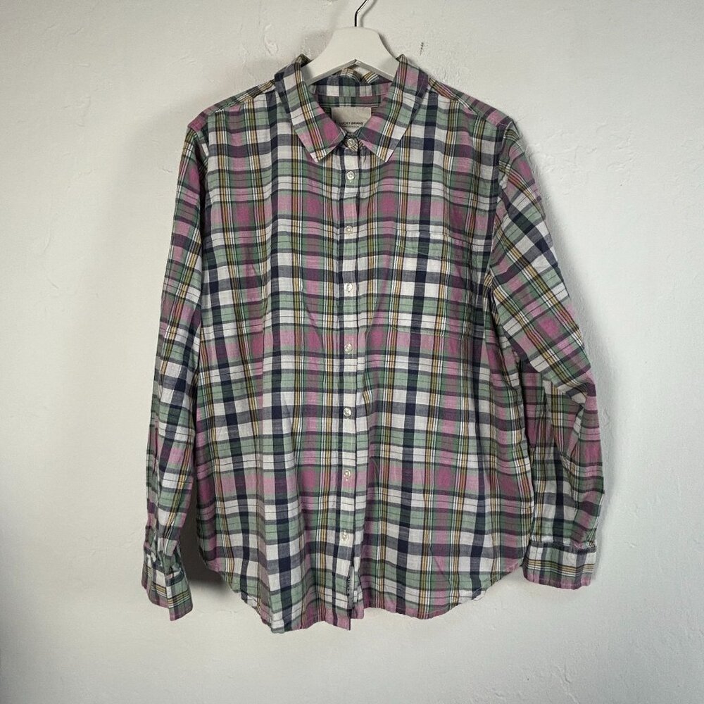 Lucky Brand Womens Cotton Plaid Button-Up Shirt Top Large Multicolor Long Sleeve